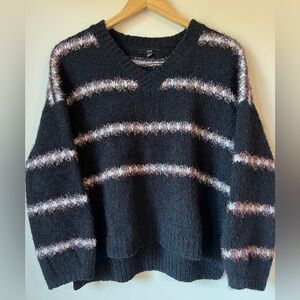 Fate Black Sweater V-Neck Colorful Sparkle Stripe Accents Oversized Size S
